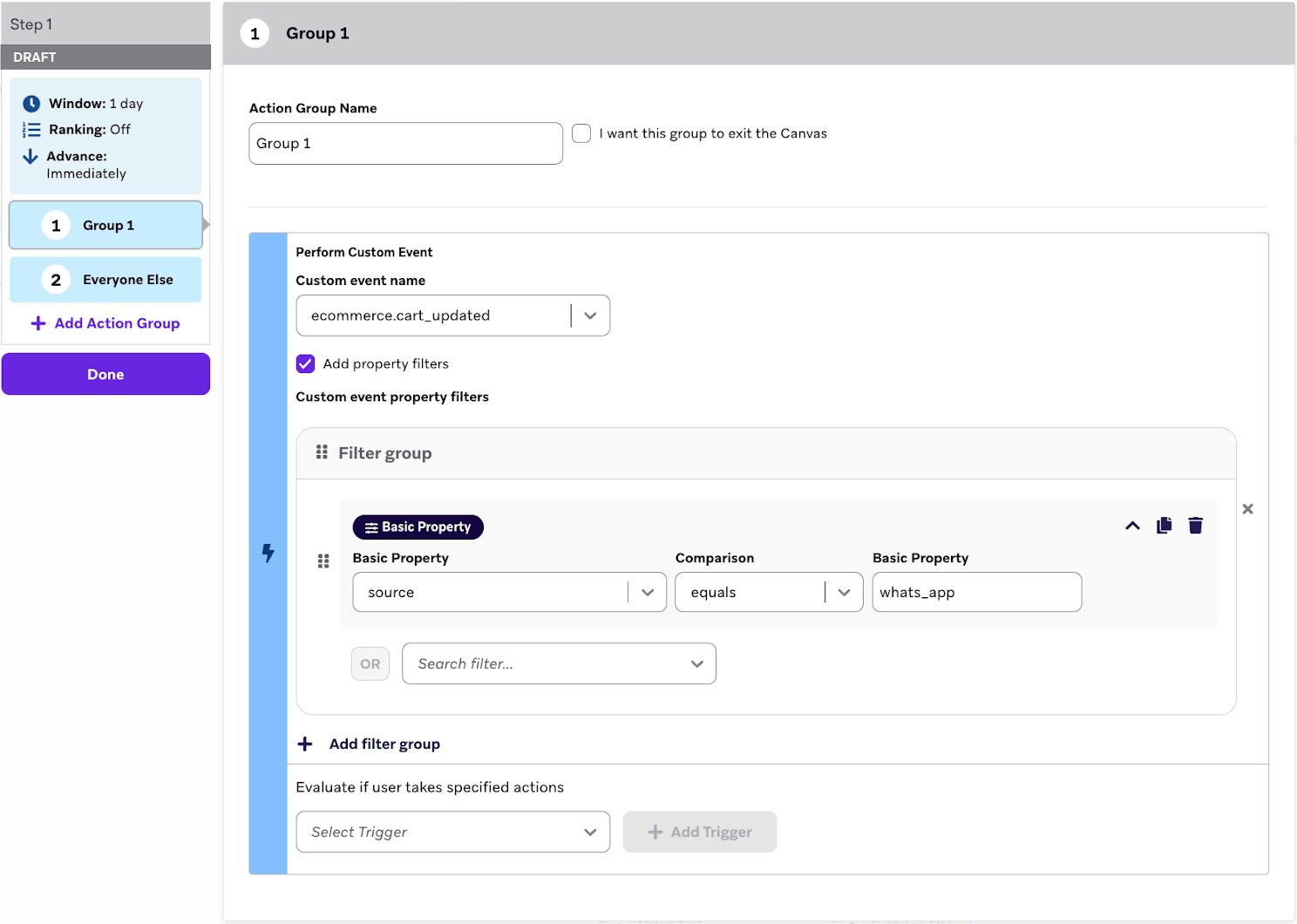 ecommerce.cart_updated カスタムイベント トリガーのキャンバスステップ。基本プロパティは”source” equaling whats_app.